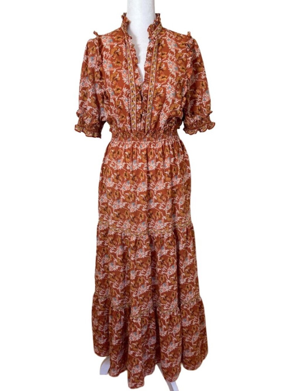 Max Studio Floral Tiered Maxi Dress Small • Rust Print Ruffle Collar Flowing Boh